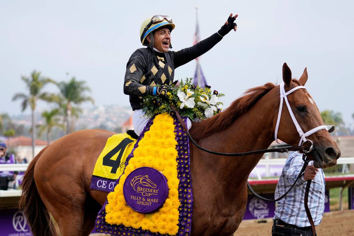 Victor Espinoza celebrates after riding Ce Ce to victory during the Breeders’ Cup Filly & Mare Sprint race at the Del Mar racetrack in Del Mar, Calif., Saturday, Nov. 6, 2021.