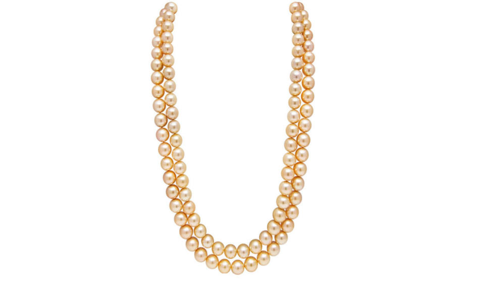 <p>Double Opera Length Golden Pearl Strand, price upon request, <a href="http://ellagem.com/products-pearl-strands-indonesian-golden-pearls.html" rel="nofollow noopener" target="_blank" data-ylk="slk:ellagem;elm:context_link;itc:0;sec:content-canvas" class="link ">ellagem</a></p>