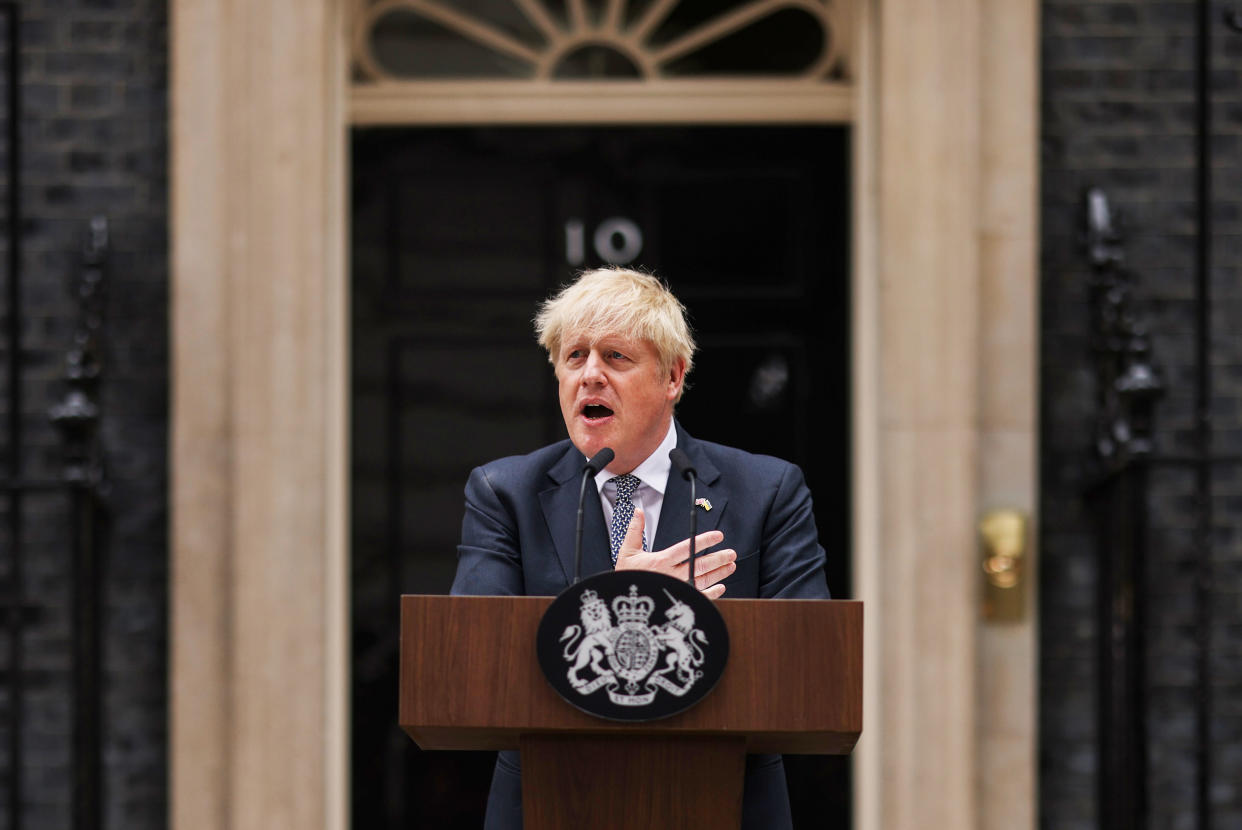 British Prime Minister Boris Johnson announces his resignation outside 10 Downing Street, on July 7, in London. (Dan Kitwood / Getty Images)