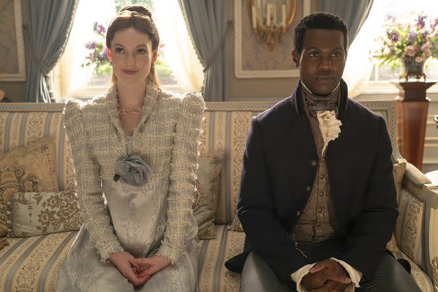 <p>Liam Daniel/Netflix</p> Hannah Dodd as Francesca Bridgerton, Victor Alli as John Stirling in 'Bridgerton' season 3