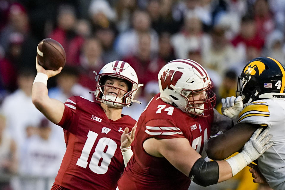 Wisconsin quarterback Braedyn Locke looks to throw against Iowa during the second half of an NCAA college football game Saturday, Oct. 14, 2023, in Madison, Wis. (AP Photo/Andy Manis)