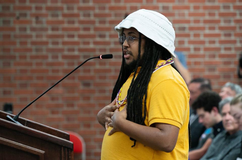 Alexander Griggs made remarks during the public comment portion of a JCPS Board of Education meeting to listen to comments related to SB 150 at the the VanHouse Education Center in Louisville, Ky. on July 25, 2023.  Opponents urged the school board to not adopt policies based on SB 150 because they believe it will harm students.