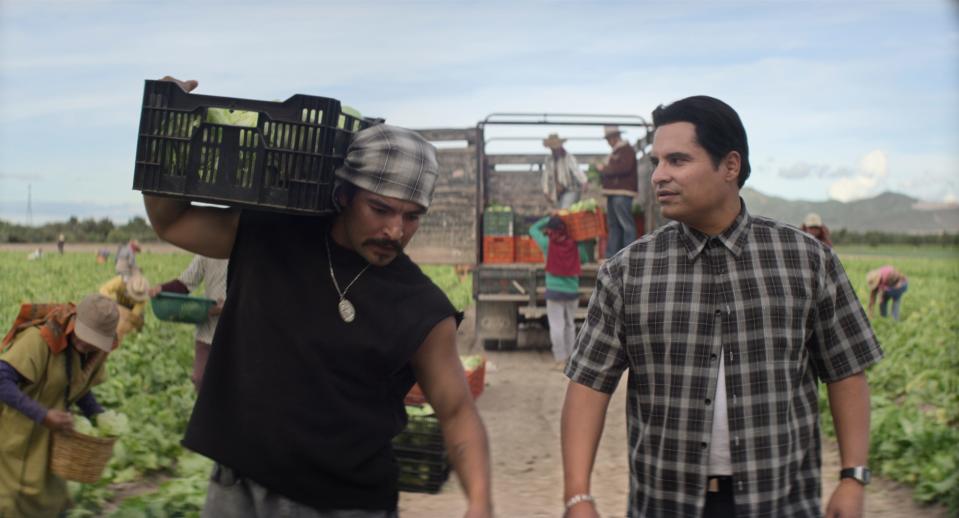 Michael Peña (right, with Bobby Soto) stars in the true-life drama as José Hernández, who went from being a migrant farm worker in Mexico to a NASA flight engineer on the International Space Station in "A Million Miles Away."