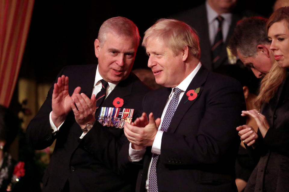 LONDON, ENGLAND - NOVEMBER 09: Prince Andrew, Duke of York and Prime Minister, Boris Johnson attend the annual Royal British Legion Festival of Remembrance at the Royal Albert Hall on November 09, 2019 in London, England. (Photo by Chris Jackson/- WPA Pool/Getty Images)