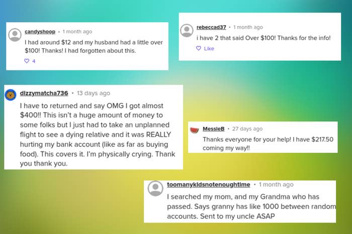 Several user comments on a financial assistance platform discuss unexpected monetary gains from unclaimed funds, expressing gratitude and excitement