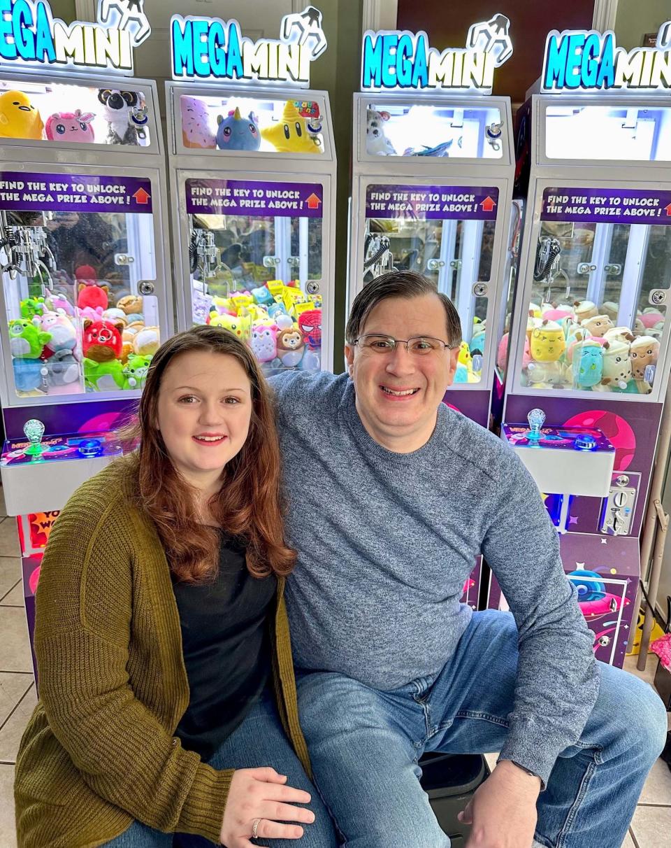 Chris Wade and his daughter Sarah Wade, 16, have started a daddy-daughter family business with Mega Mini claw machines. Jan. 23, 2024.