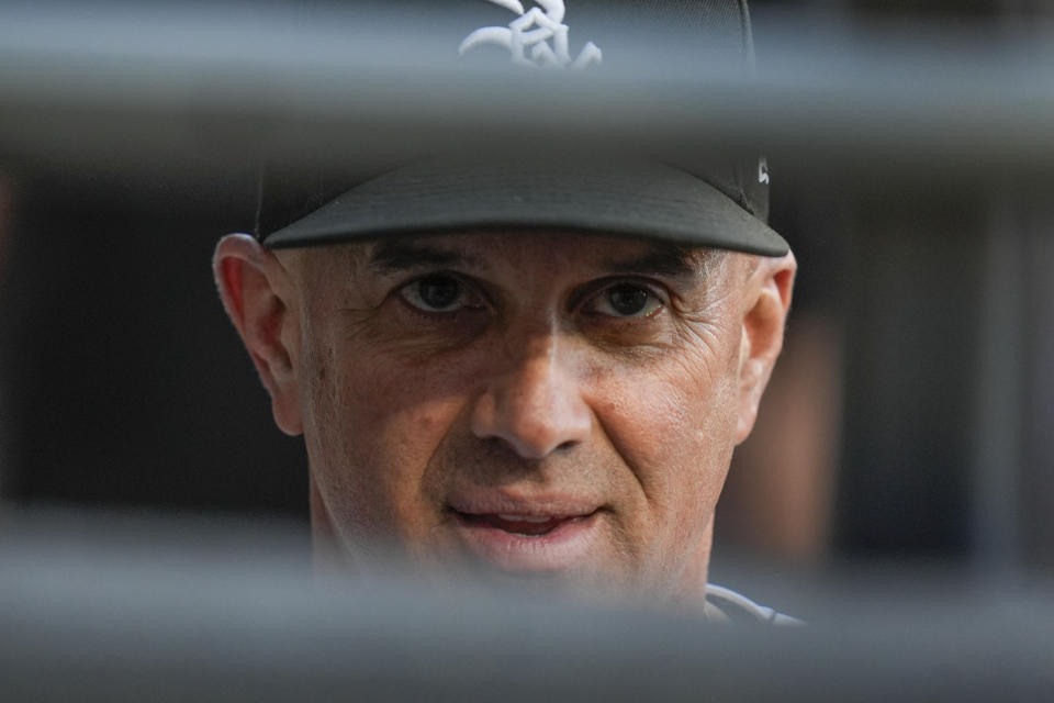 Chicago White Sox manager Pedro Grifol stands in the dugout during the first inning of a baseball game against the Minnesota Twins Tuesday, April 30, 2024, in Chicago. (AP Photo/Erin Hooley)