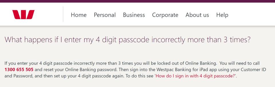 Westpac's policy on the number of incorrect password attempts before lockout.