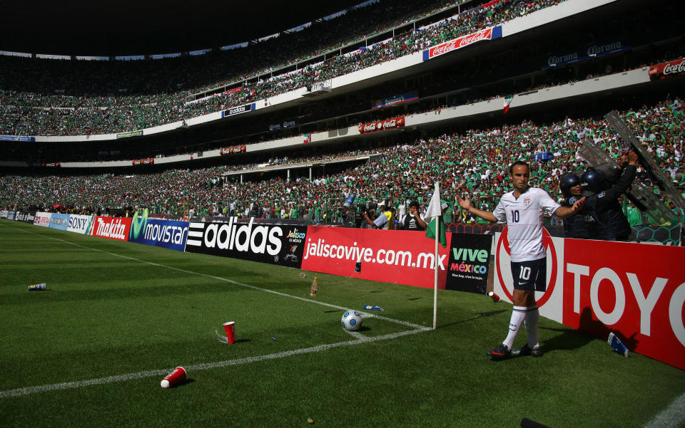 Landon Donovan gestures toward the crowd during a World Cup qualifying match against Mexico in 2009 at Azteca Stadium. (Donald Miralle/Getty Images)