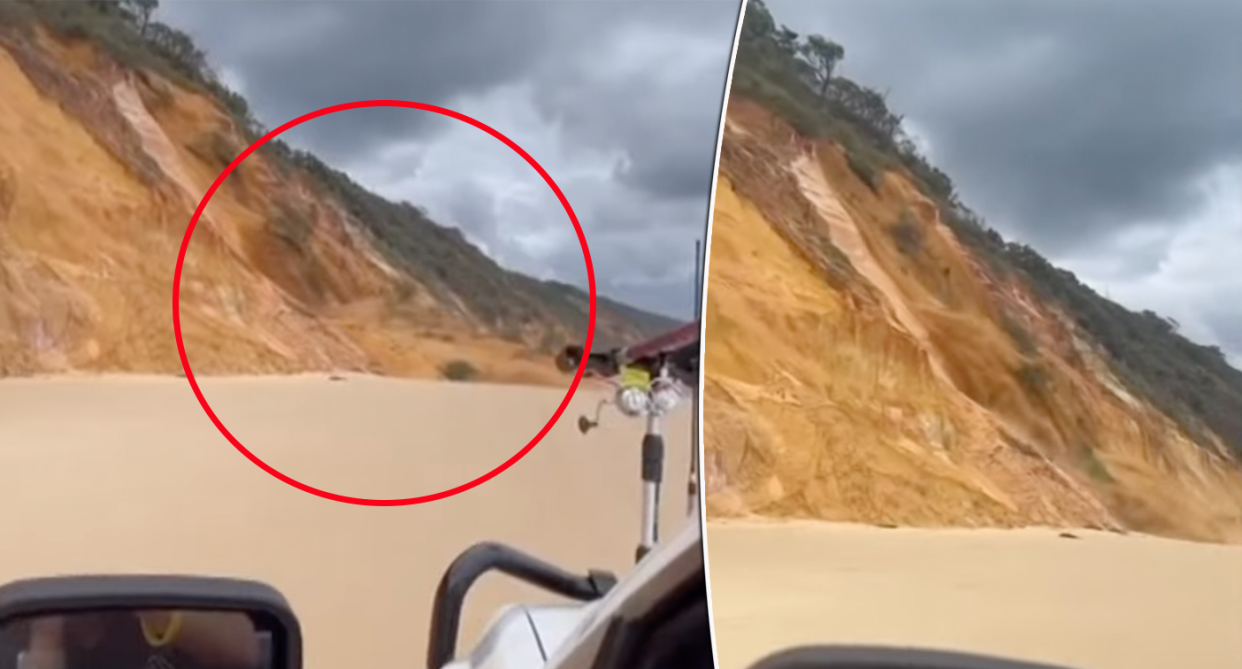 Beach landslide pictured on the sand.