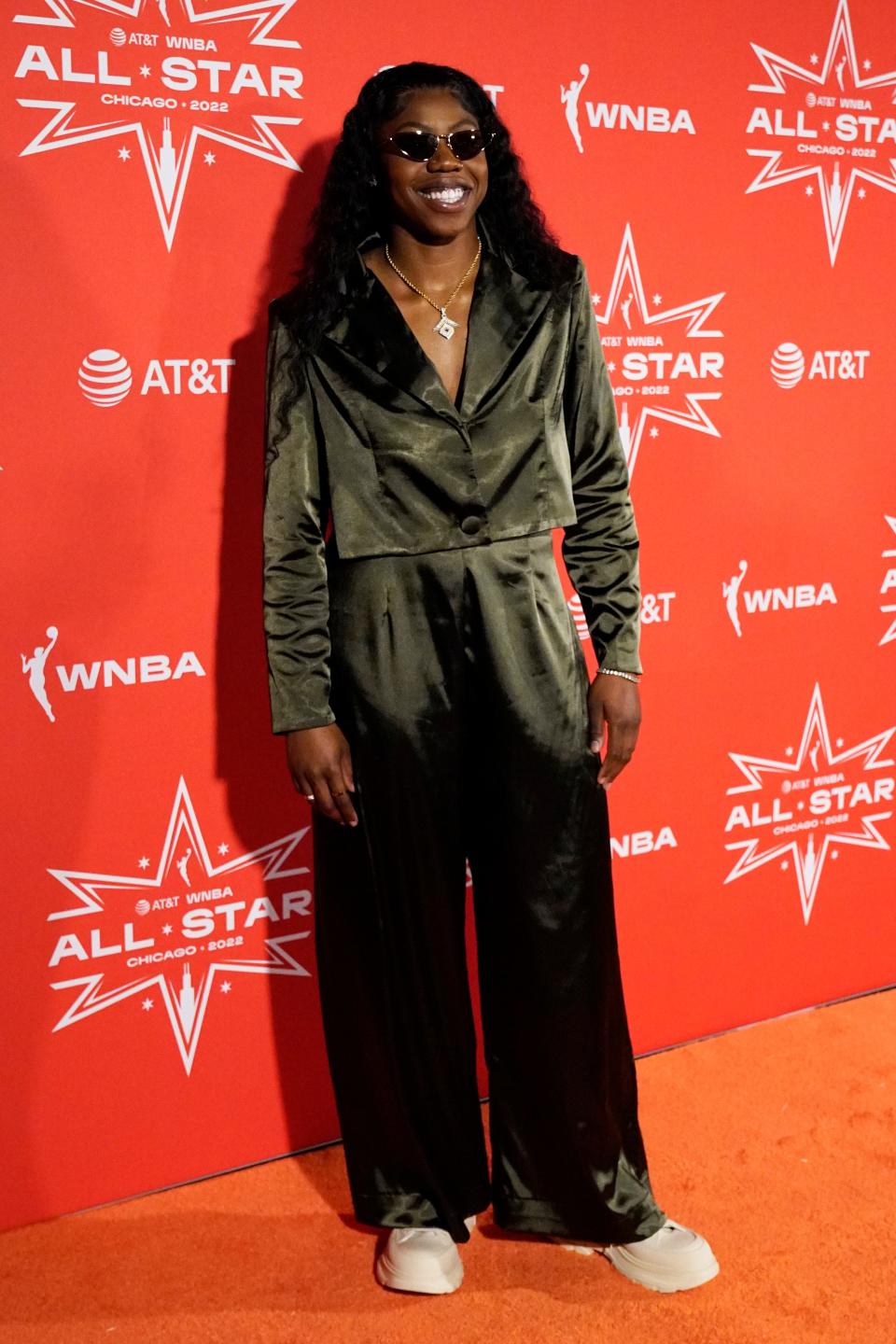 Dallas Wings' Arike Ogunbowale walks the orange carpet for WNBA All-Star events last season in Chicago. The Divine Savior Holy Angels graduate will be part of the NBA all-star celebrity game on Friday night.