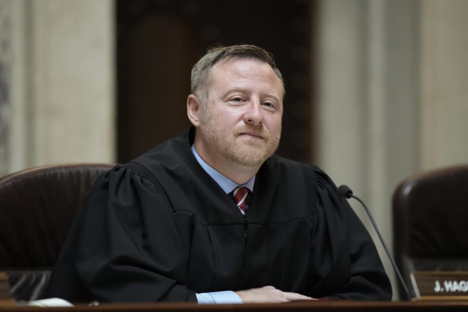 FILE - Wisconsin Supreme Court Justice Brian Hagedorn is seen during a public hearing Thursday, Sept. 7, 2023, in Madison, Wis. (AP Photo/Morry Gash, File)