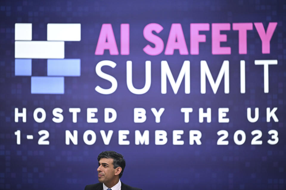 Britain's Prime Minister Rishi Sunak attends the second day of the UK Artificial Intelligence (AI) Safety Summit, at Bletchley Park, in Bletchley, England, Thursday, Nov. 2, 2023. U.S. Vice President Kamala Harris and British Prime Minister Rishi Sunak joined delegates Thursday at a U.K. summit focused on containing risks from rapid advances in cutting edge artificial intelligence. (Leon Neal/Pool Photo via AP)