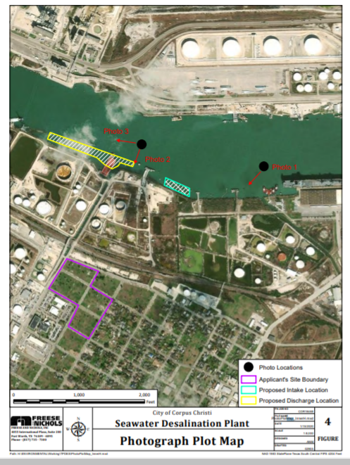 The city of Corpus Christi applied for permits to operate a proposed desalination plant on the Inner Harbor. This map, included in records submitted to state officials, shows the site, proposed discharge location and proposed water intake location requested by the city.