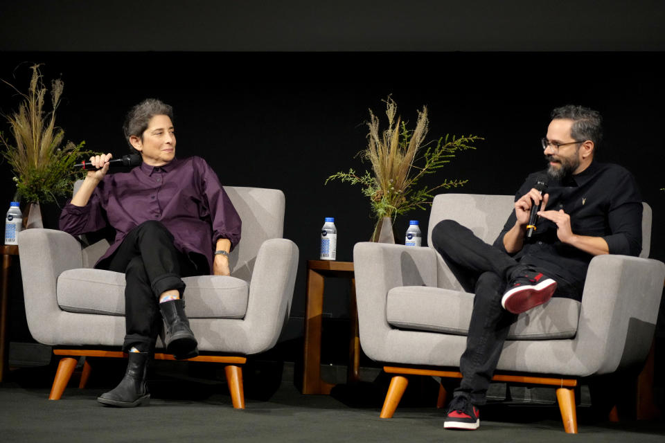 LOS ANGELES, CALIFORNIA - DECEMBER 04: (L-R) Carolyn Strauss and Neil Druckmann speak onstage at "The Last of Us" FYC Event at Paramount Theatre on December 04, 2023 in Los Angeles, California. (Photo by Jeff Kravitz/FilmMagic for HBO)