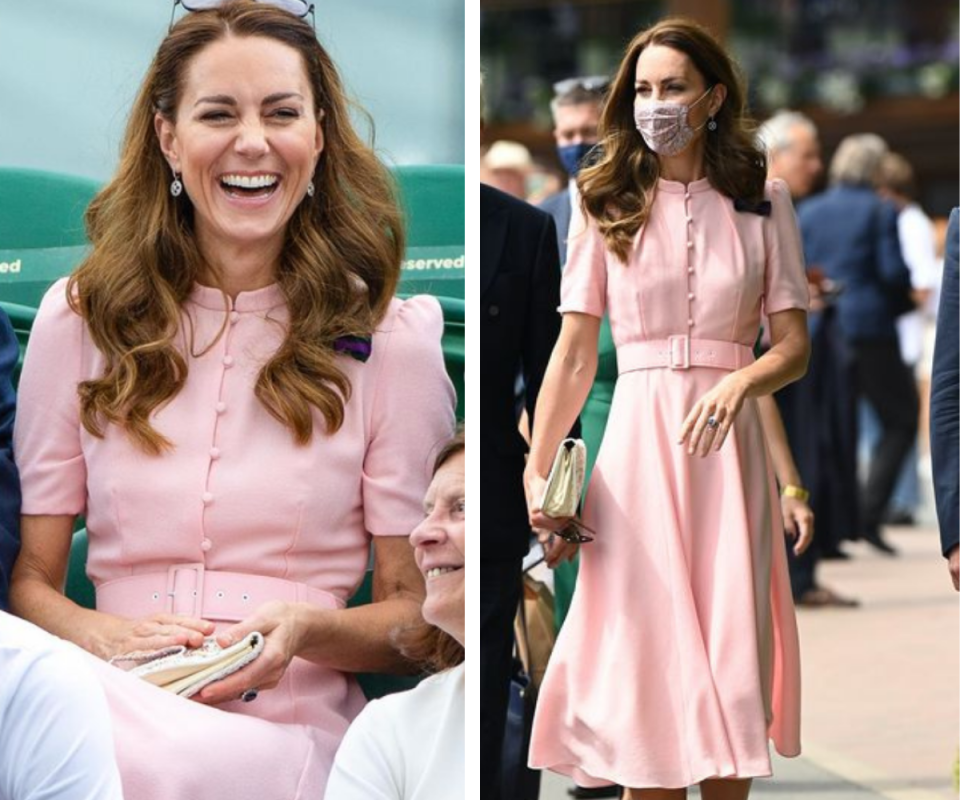 Kate Middleton attends the final day of Wimbledon in a flattering pink pastel midi dress. Source: Harpers Bazaar