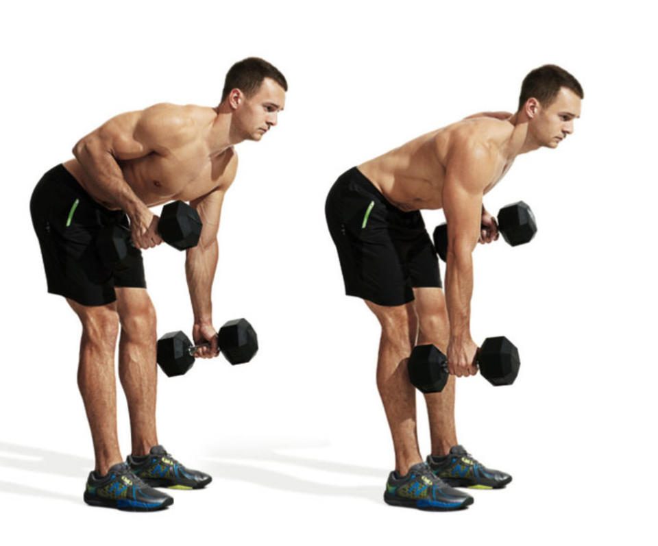 How to do it:<ol><li>Bend forward at the hips as you do in the Romanian deadlift, and row one dumbbell to your side. </li><li>Lower it and repeat on the other side.</li></ol>Pro tip:<p>Keep your neck aligned with your shoulders as you bend forward.</p>Variation:<p>This is considered a variation of the Romanian deadlift and the incline dumbbell row.</p>