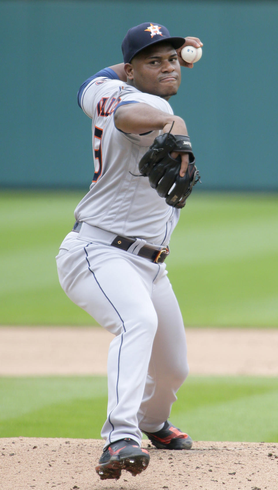 Houston Astros' Framber Valdez (59) pitches against the Detroit Tigers' during the second inning of the first baseball game of a doubleheader Saturday, June 26, 2021, in Detroit. (AP Photo/Duane Burleson)