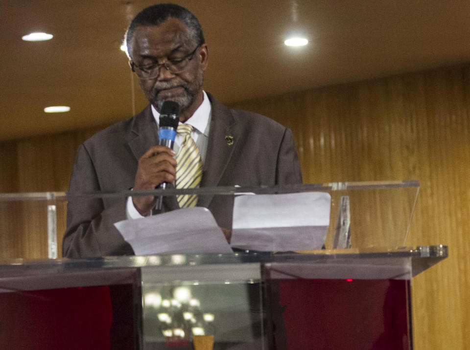 FILE - Los Angeles City council member Curren Price Jr., speaks at the Paradise Baptist Church in Los Angeles on Aug. 19, 2014, during a community forum. Prosecutors charged Price, with embezzlement and perjury on Tuesday, June 13, 2023. The criminal case is the latest one to upend the scandal-plagued governing board of the nation's second-largest largest city. (AP Photo/Ringo H.W. Chiu, File)