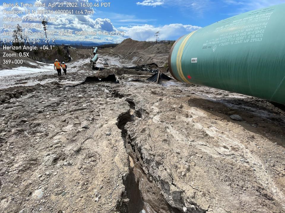 A photo taken by a B..C government inspector of a Coastal GasLink pipeline right of way in April 2022 shows soil erosion that violated the conditions of the company's environmental permit. 