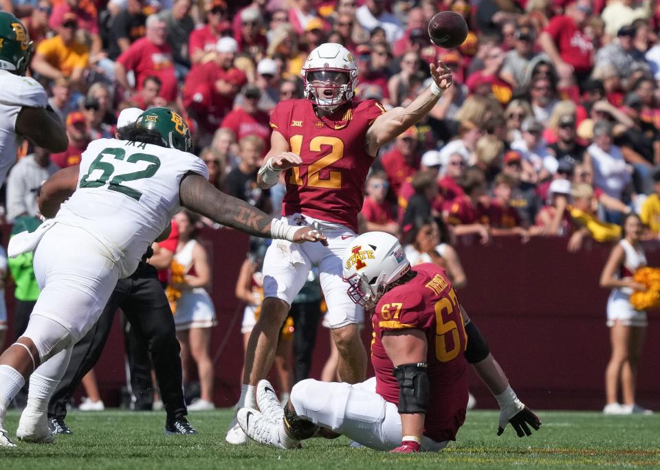 Iowa State quarterback Hunter Dekkers (12) had the most challenging afternoon of his career as the Cyclones' starter against Baylor.