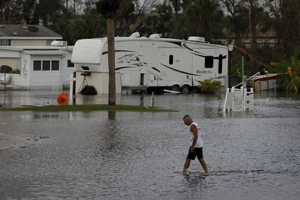 A flooded trailer park following Hurricane Ian in Fort Myers, Florida, US, on Thursday, Sept. 29, 2022. Hurricane Ian, one of the strongest hurricanes to hit the US, weakened to a tropical storm but continues to dump rain on the state as it makes its way up the US Southeast. Photographer: Eva Marie Uzcategui/Bloomberg via Getty Images