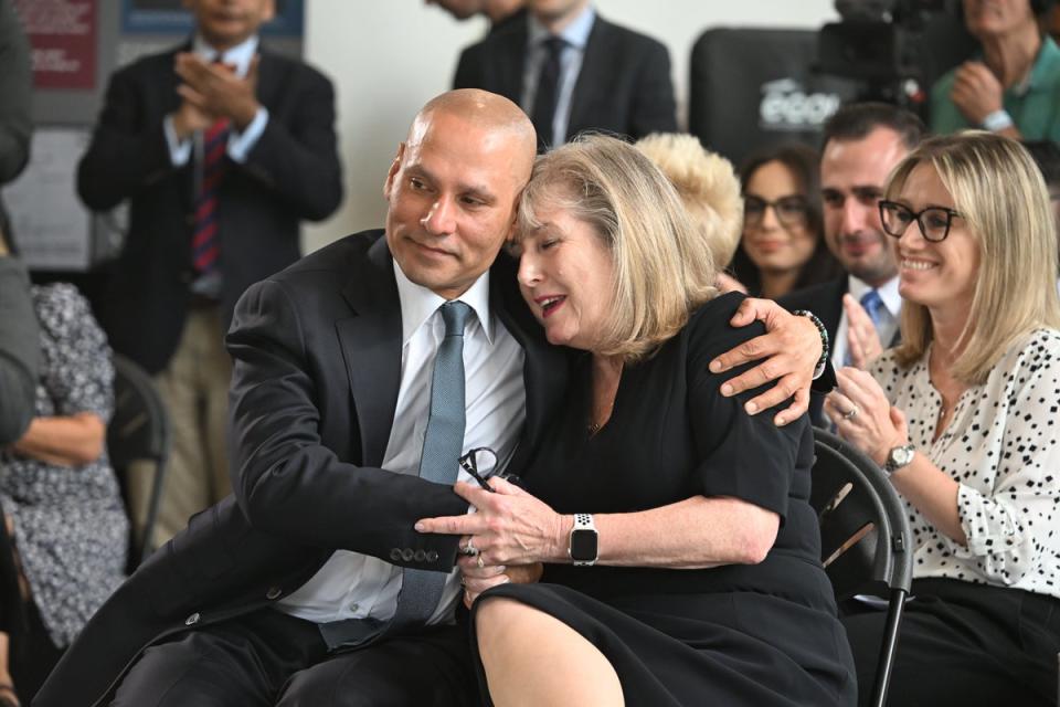 Moz Hossain embraces Susan Hall after she was announced as the Tory candidate for mayor (Jeremy Selwyn)