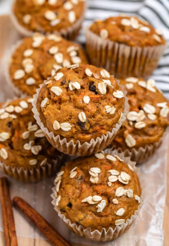 <p>Lemons and Zest</p><p>These simple, cozy pumpkin carrot muffins are packed with carrot, raisins, pecans and all the goodness. Only about 15 minutes to prep and so fluffy and moist! </p><p><strong>Get the recipe: <em><a href="https://lemonsandzest.com/pumpkin-carrot-muffins/" rel="nofollow noopener" target="_blank" data-ylk="slk:Pumpkin-Carrot Muffins;elm:context_link;itc:0;sec:content-canvas" class="link ">Pumpkin-Carrot Muffins</a></em></strong></p>