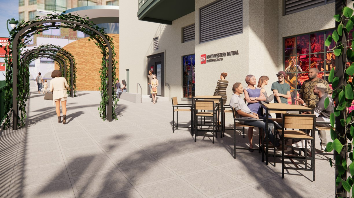 An artist's view of how the Northwestern Mutual Riverwalk Patio at Milwaukee Repertory Theater will look when construction is finished in early 2026.