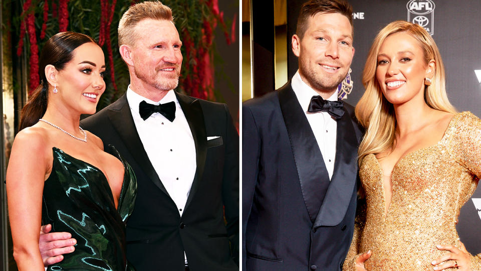 Nathan Buckley and new girlfriend Brodie Ryan at the Brownlow Medal, alongside Toby Greene and partner Georgia Stirton.