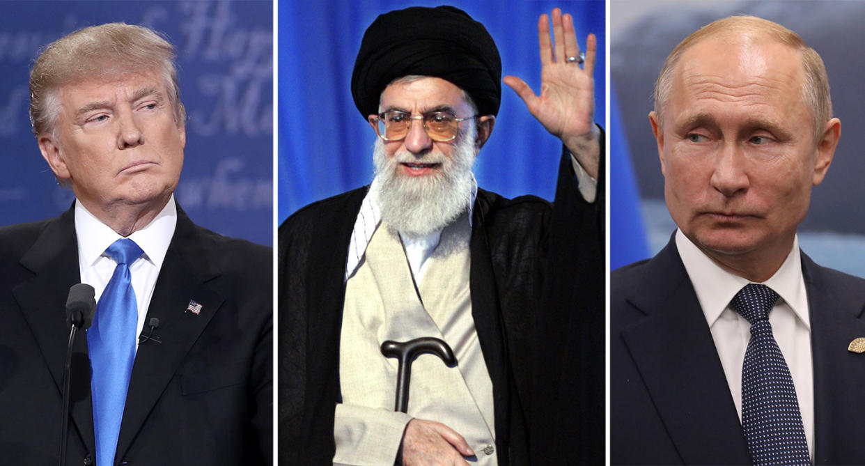 Donald Trump, Iran's Supreme Leader Ali Khamenei, and Vladimir Putin. (Getty)