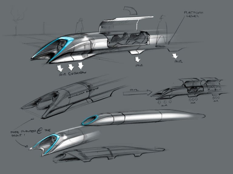 A Tesla Motors concept drawing of the Hyperloop, a fast transport design by Elon Musk