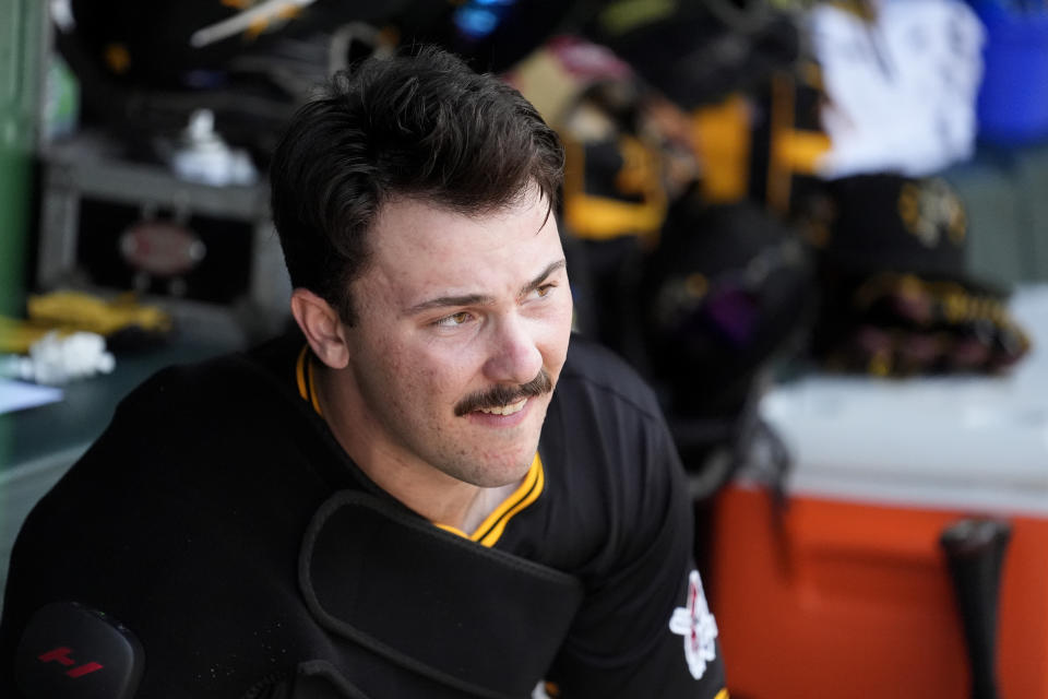 Pittsburgh Pirates starting pitcher Paul Skenes looks out from the dugout in the fifth inning of a baseball game against the Chicago Cubs Friday, May 17, 2024, in Chicago. (AP Photo/Charles Rex Arbogast)