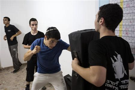 Ultra-Orthodox Jewish youths take part in an Israeli martial arts training lesson in Mevasseret Zion, near Jerusalem, October 14, 2013. REUTERS/Baz Ratner