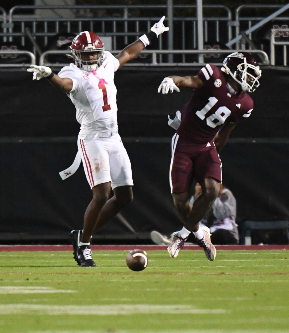 Sep 30, 2023; Starkville, Mississippi, USA; Alabama Crimson Tide defensive back Kool-Aid McKinstry (1) breaks up a pass intended for Mississippi State Bulldogs wide receiver Jordan Mosley (18) in Davis Wade Stadium at Mississippi State University. Alabama defeated Mississippi State 40-17. Mandatory Credit: Gary Cosby Jr.-Tuscaloosa News