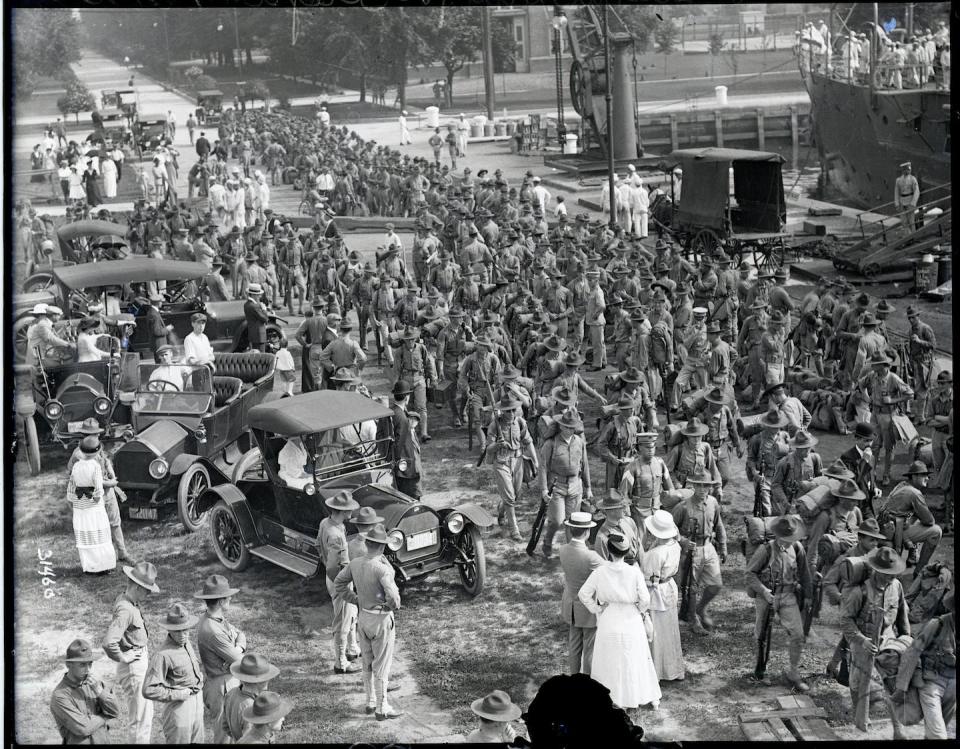 U.S. Marines marched in Philadelphia before sailing for Port-Au-Prince in 1915. <a href="https://www.gettyimages.com/detail/news-photo/philadelphia-pa-marines-are-shown-marching-from-the-news-photo/515952260?phrase=haiti%201915&adppopup=true" rel="nofollow noopener" target="_blank" data-ylk="slk:Bettmann/Getty Images;elm:context_link;itc:0;sec:content-canvas" class="link ">Bettmann/Getty Images</a>