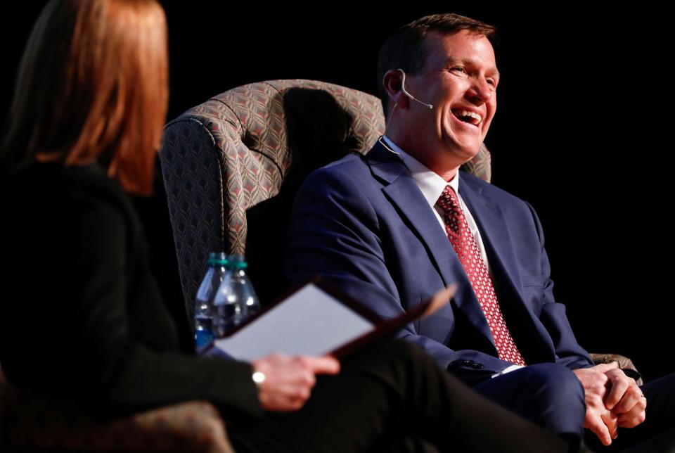 Richard "Biff" Williams, a finalist for the Missouri State University president job, answers questions at a forum in the Plaster Student Union auditorium on Thursday, Feb. 15, 2024.