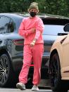 <p>Justin Bieber heads out to see a friend in West Hollywood on Tuesday, wearing an all-pink set and a green beanie.</p>