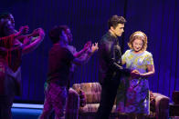 This image released by O&M/DKC shows Will Swenson as Neil Diamond and Jessie Fisher as Jaye Posner, right, during a performance of the musical “A Beautiful Noise." (Julieta Cervantes/O&M/DKC via AP)