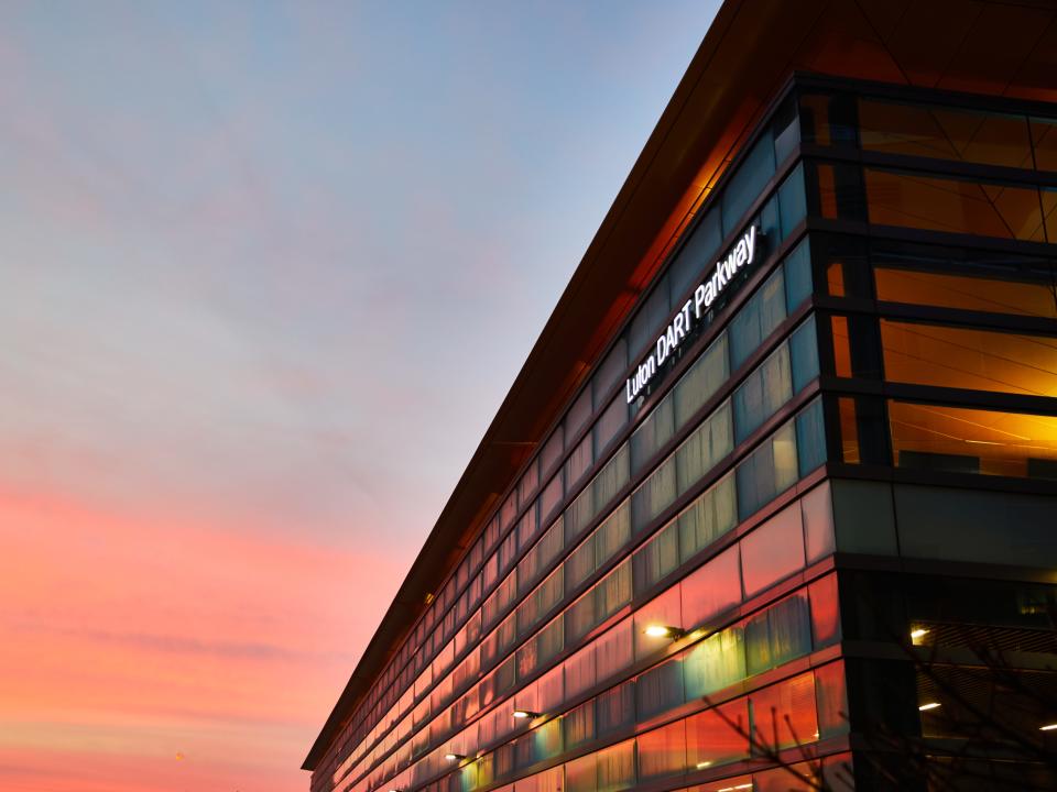 The Luton DART station at sunset