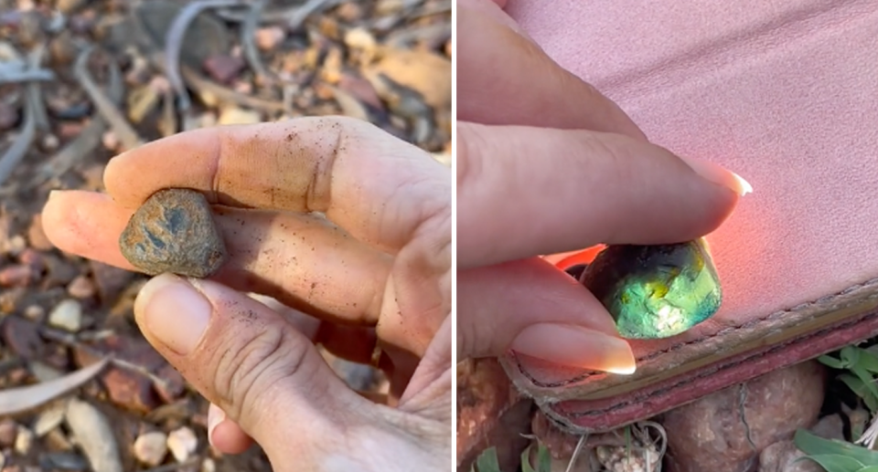 Left, the stone is held up with dirt surrounding it. Right, Amber shines light through the gem which illuminates with blue, yellow and green colours. 