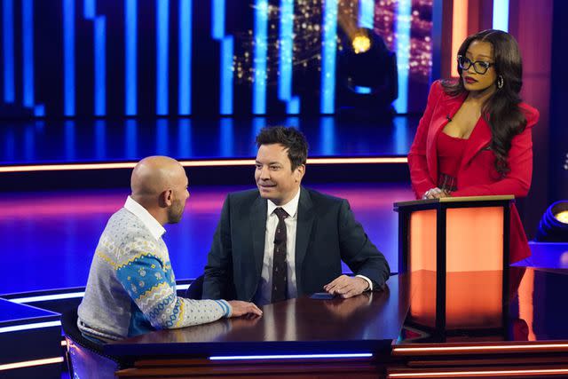 <p>Evans Vestal Ward/NBC</p> 'Password' contestant Sam Seitles and hosts Jimmy Fallon and Keke Palmer.