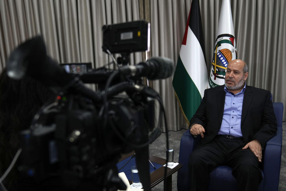 Khalil al-Hayya, a high-ranking Hamas official who has represented the Palestinian militant group in negotiations for a cease-fire and hostage exchange deal, speaks during an interview with The Associated Press, in Istanbul, Turkey, Wednesday, April 24, 2024. (AP Photo/Khalil Hamra)