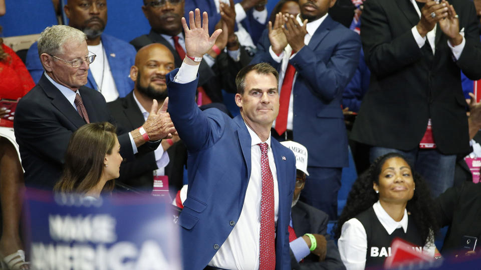 Oklahoma Gov. Kevin Stitt is recognized as President Trump speaks during a campaign rally at the BOK Center in Tulsa, Okla., on June 20. (AP Photo/Sue Ogrocki)