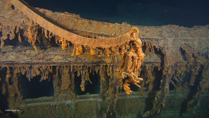 This August 2010 photo provided by RMS Titanic Inc., shows the last davit remaining on the wreck of RMS Titanic. These lifeboat cranes were used to hoist the ship’s wooden lifeboats over the side and into the water during Titanic’s sinking.