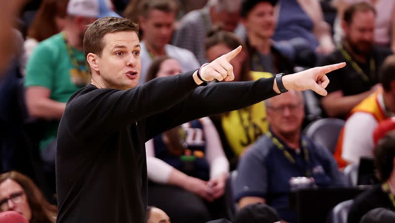 Utah Jazz head coach Will Hardy points out instructions as Utah and Denver play at Vivint Arena in Salt Lake City on Saturday, April 8, 2023. Jazz won 108-104.