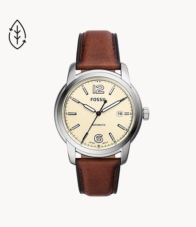 hot watch fossil heritage automatic brown eco-leather watch