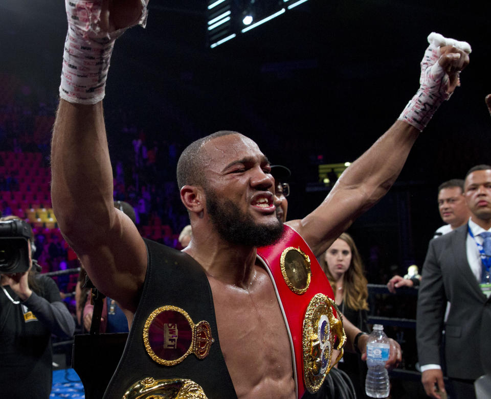 Julian Williams celebrates after defeating Jarrett Hurd for the IBF, WBA and IBO super welterweight boxing titles in Fairfax, Va., Saturday, May 11, 2019. Williams won by unanimous decision. (AP Photo/Jose Luis Magana)