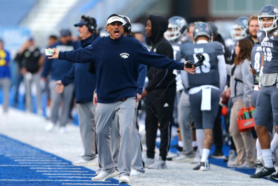 Nevada head coach Jay Norvell tries to get the attention of an official during the second half of the Famous Idaho Potato Bowl in this file photo.