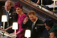 <p>Cameras caught them holding hands and acting like the cutest couple before the ceremony, <a rel="nofollow noopener" href="https://www.goodhousekeeping.com/beauty/fashion/g4690/kate-middleton-wedding-dress/" target="_blank" data-ylk="slk:seven years after they got married;elm:context_link;itc:0;sec:content-canvas" class="link ">seven years after they got married</a> themselves at Westminster Abbey. </p>